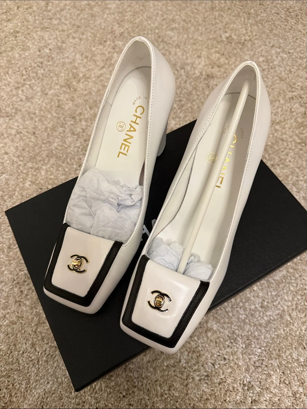 White Leather Square-Toe Loafers with Black Trim and Gold CC